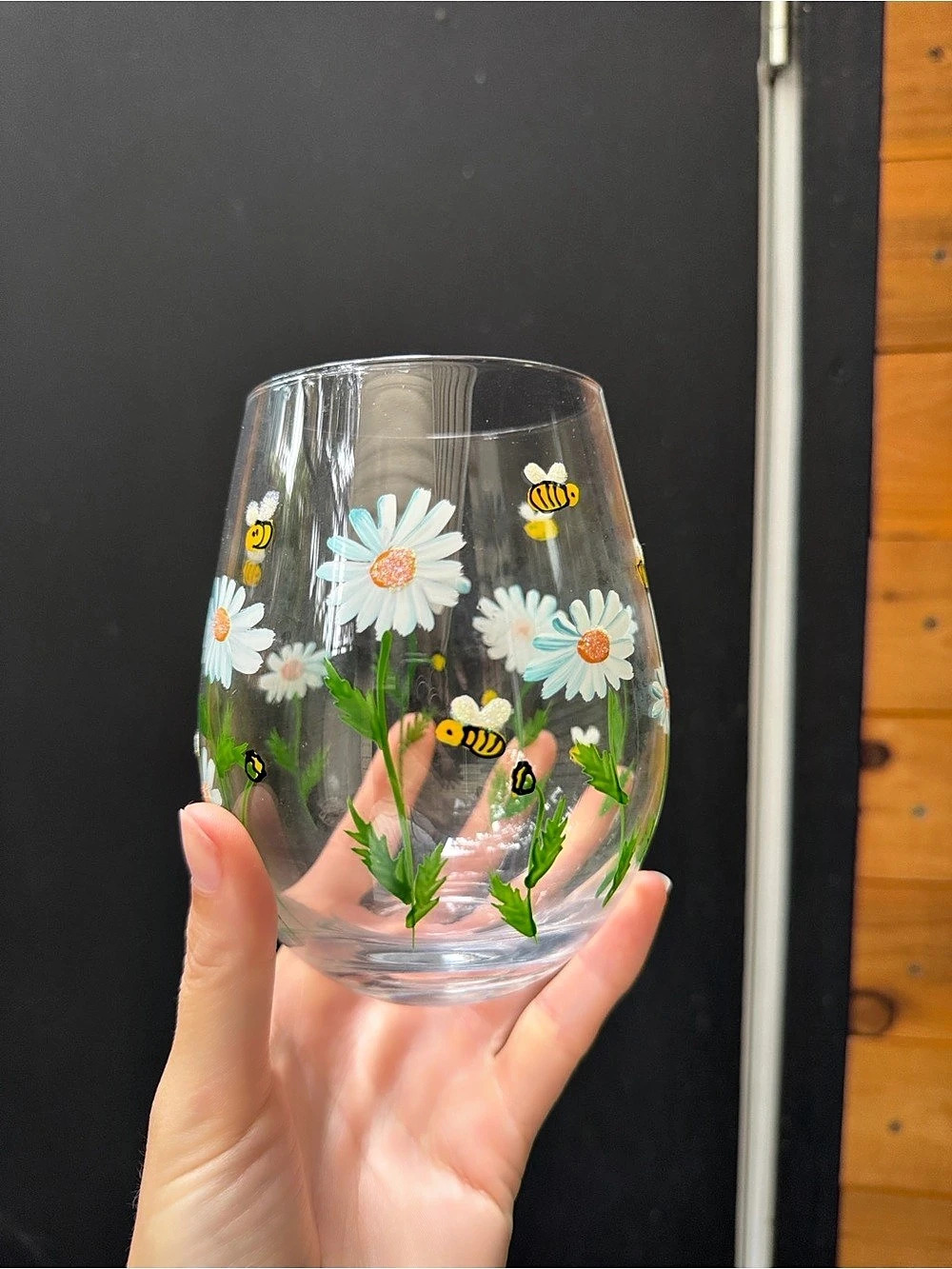 Hand Painted Floral Daisy Bee Stemless Wine Glass